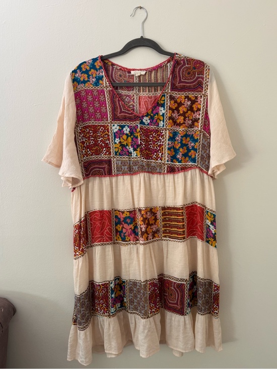 ODDY Dresses & Skirts - Patchwork Boho Mini Swing Dress Floral Cream Flutter Sleeve Size 1XL